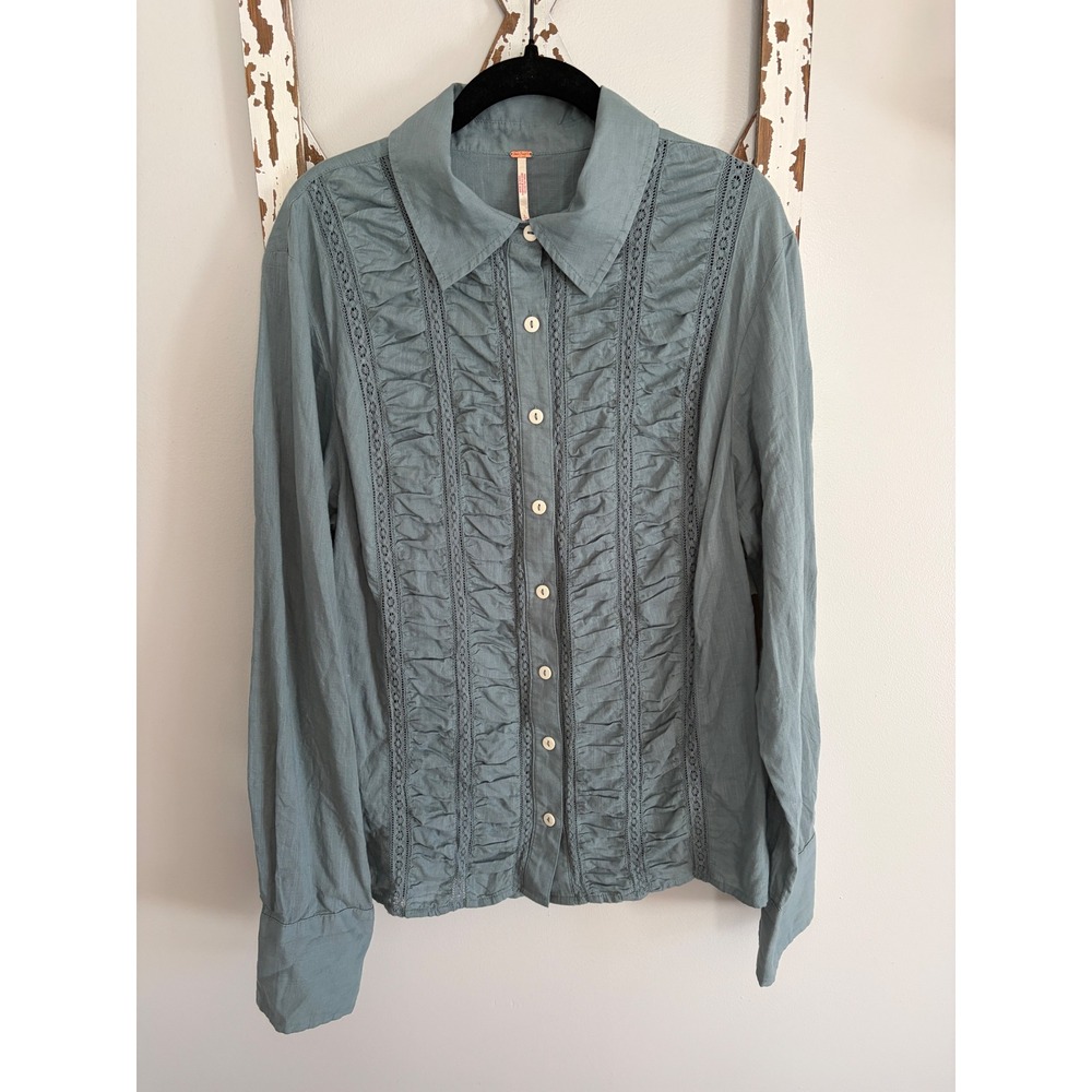 Free People Parker Tailored Button Down in Atlantic Blue Size Large